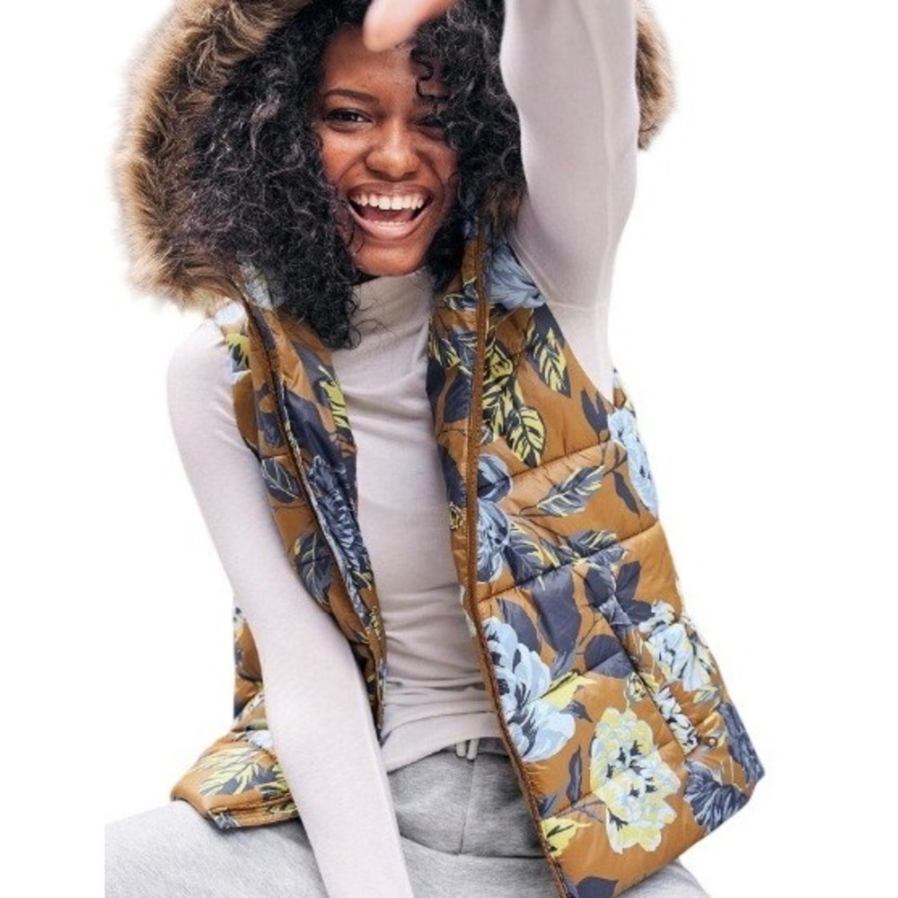 Aerie Womens L Floral Fur Trimmed Full Zip Puffer Vest in Chillside Floral